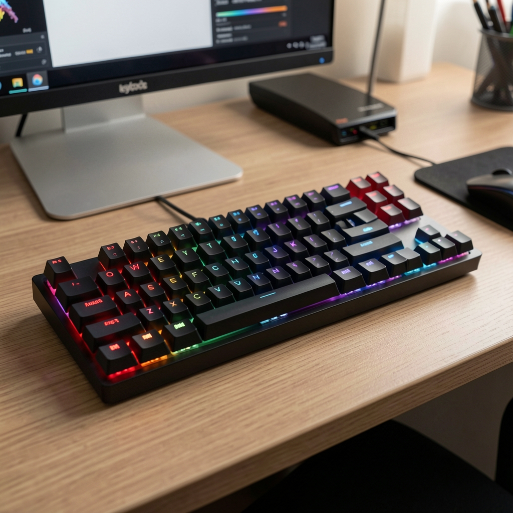 Keychron K8 tastatură mecanică TKL wireless cu iluminare RGB, switch-uri Gateron Red, carcasă din plastic negru cu aspect premium, pe birou de programator